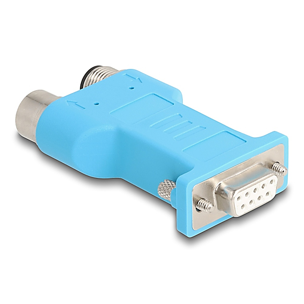Un adattatore blu con una porta seriale da un lato e un mini-DIN dall'altro.
