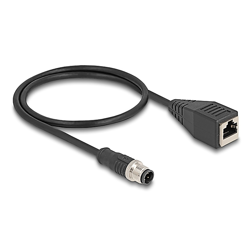 Un cavo nero con un connettore M12 e un connettore Ethernet. Il cavo è dritto. Sfondo bianco.