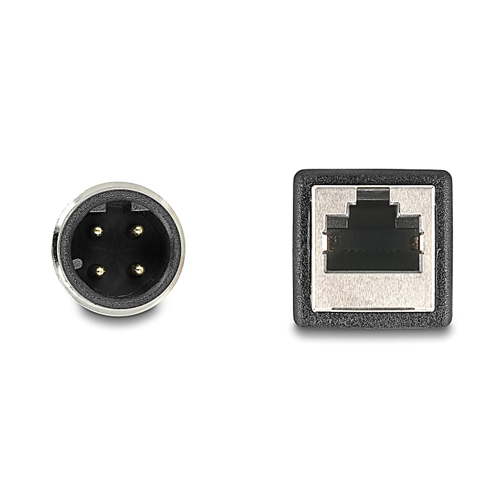 Due connettori. Uno è circolare con pin, l'altro è una porta Ethernet rettangolare.
