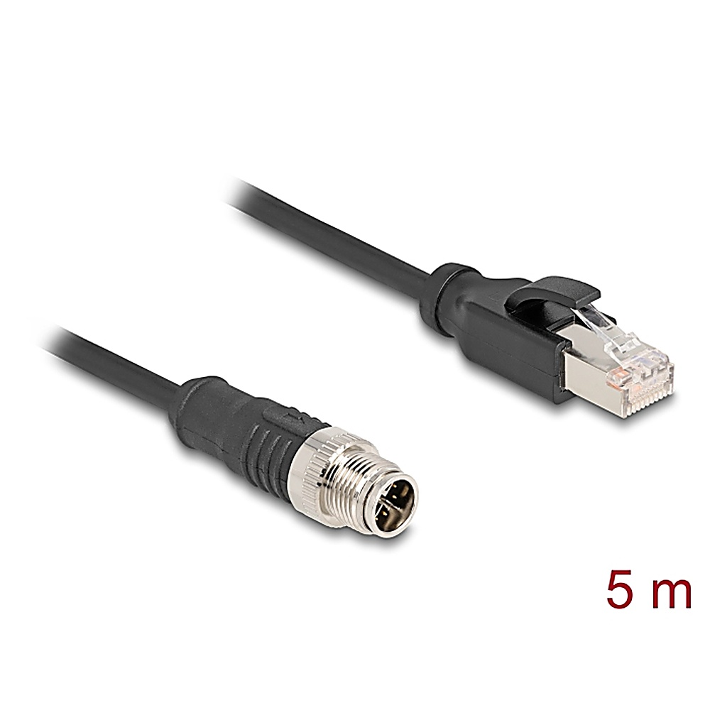 Un primo piano di un connettore M12 e un connettore Ethernet. Testo: 5 m. Sfondo bianco.