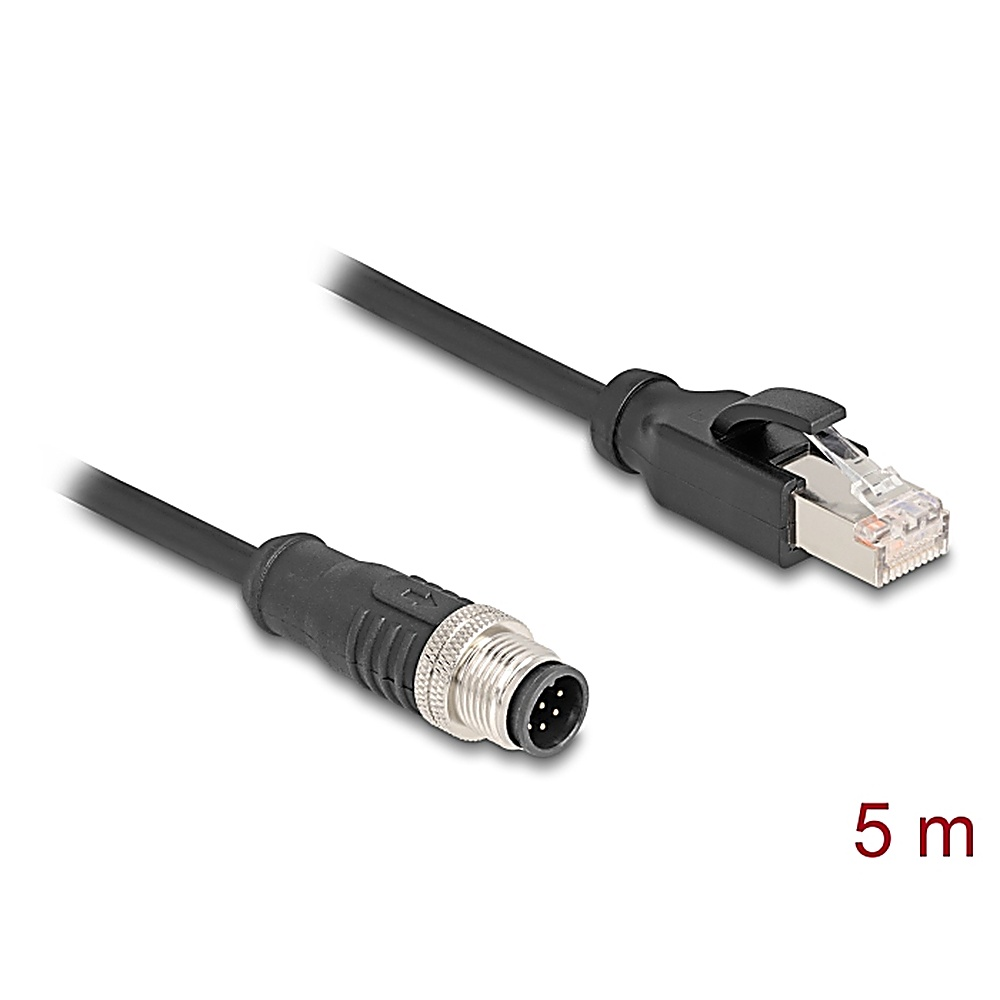 Zwarte kabel met connectoren aan beide uiteinden. Eén is een Ethernet-connector. 5 m staat erop. Witte achtergrond.