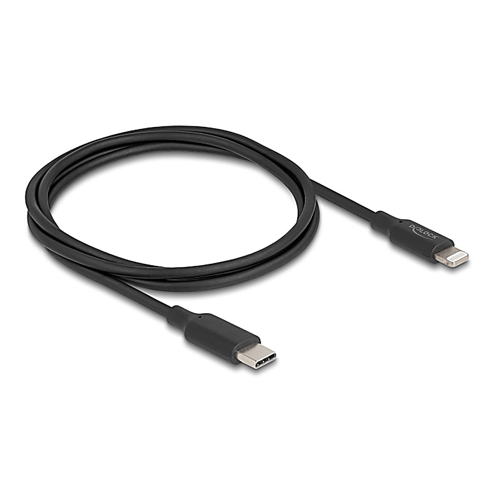 Cavo nero con un connettore USB-C a un'estremità e un connettore Lightning all'altra.