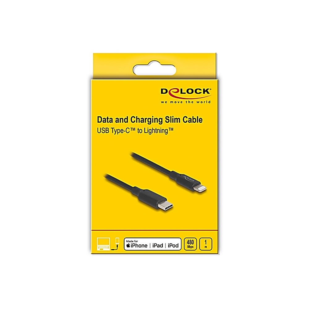 Scatola gialla con un cavo sottile per dati e ricarica. È un cavo da USB Type-C a Lightning.