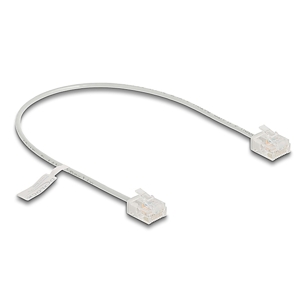 Cavo bianco con due connettori RJ45 trasparenti.