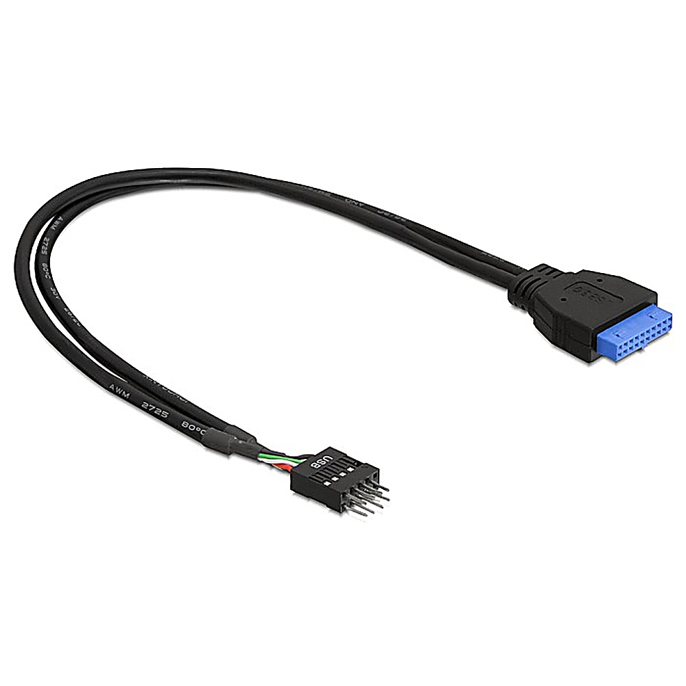 Cavo nero con USB e un connettore con pin.