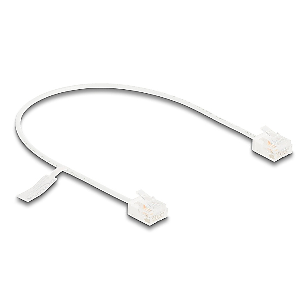 Cavo bianco con due connettori RJ45 trasparenti.