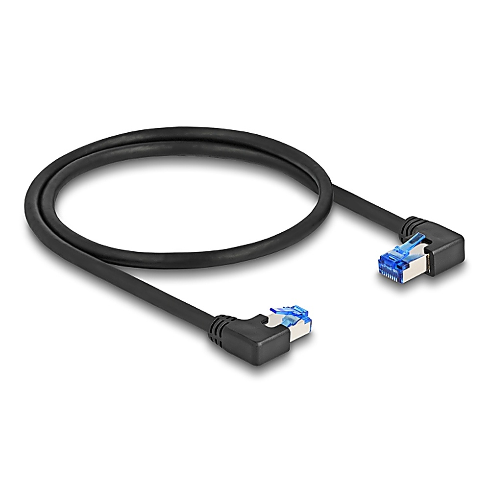Cavo ethernet nero con connettori angolati, accenti blu.