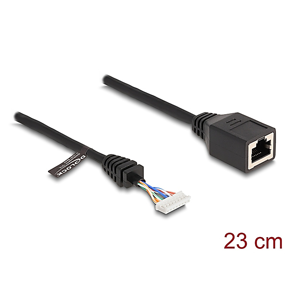 Cavo nero con connettore RJ45 e connettore con fili scoperti, etichetta '23 cm'.