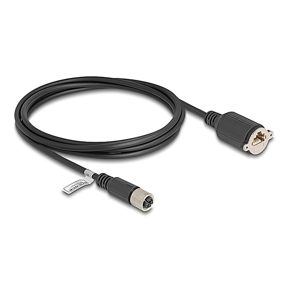 Cavo nero con connettori M12 e RJ45. Sfondo bianco. Etichetta D-Lock sul cavo.