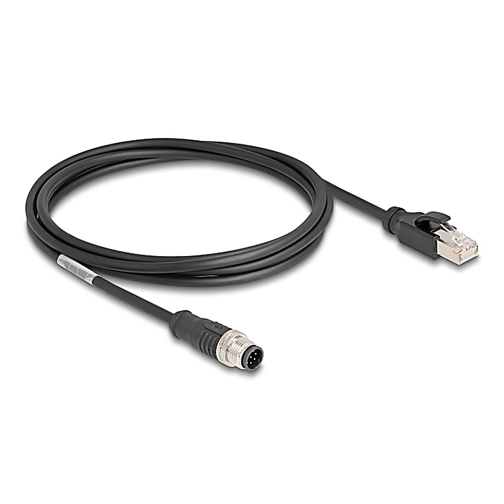 Un cavo nero con un connettore RJ45 e un connettore a 5 pin su una superficie bianca.