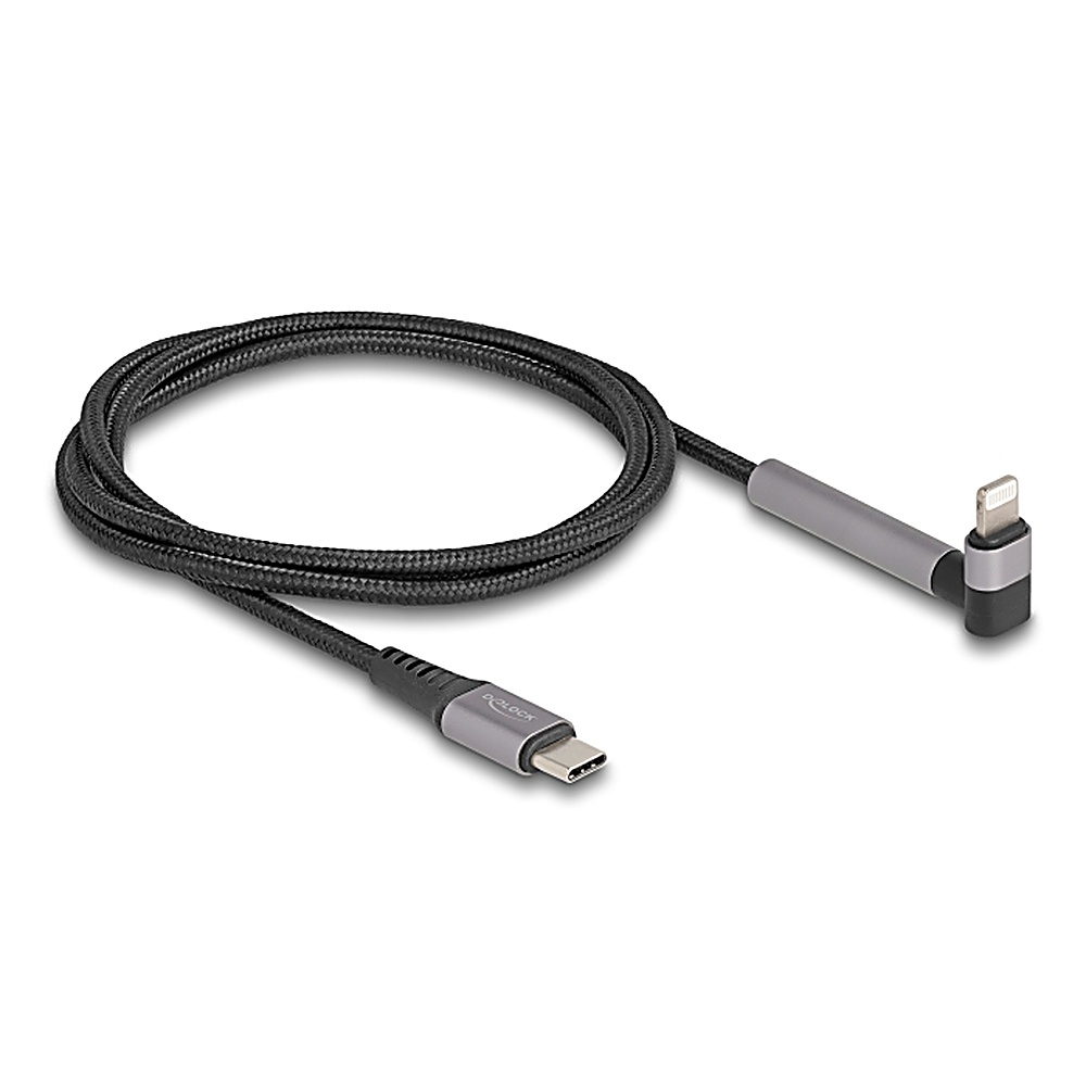 Un cavo nero e grigio con un connettore USB-C e Lightning, angolato.