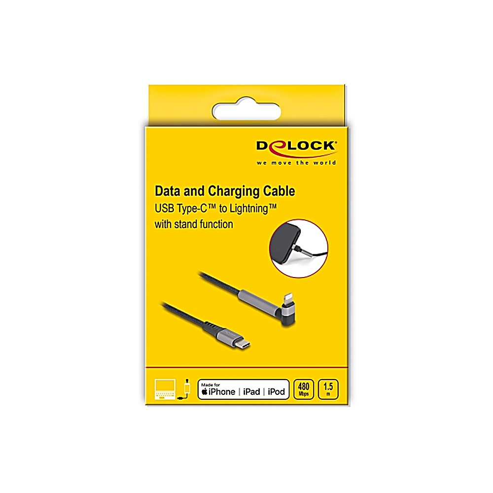 Una scatola gialla che mostra un cavo dati e ricarica USB Type-C a Lightning. Il cavo è grigio con funzione stand.