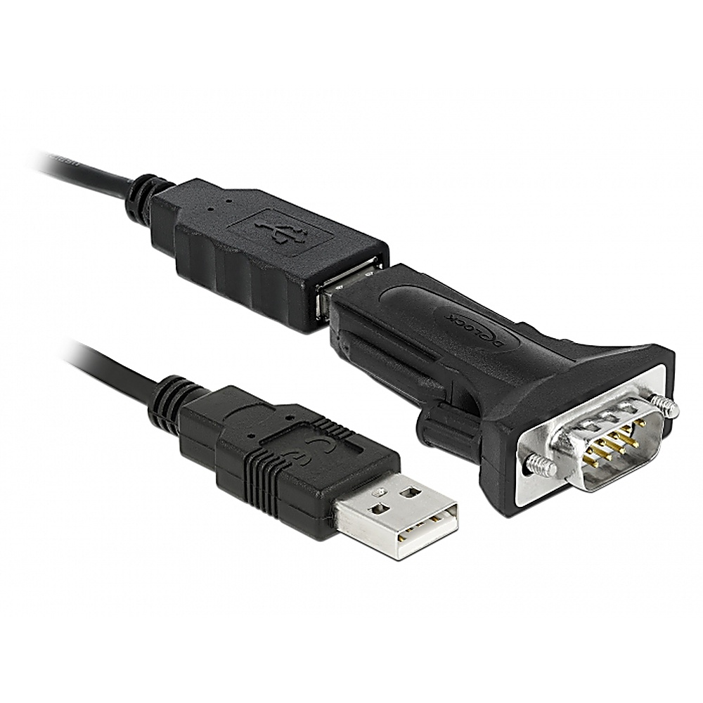 Cavo adattatore da USB a seriale con connettori USB e DB9.