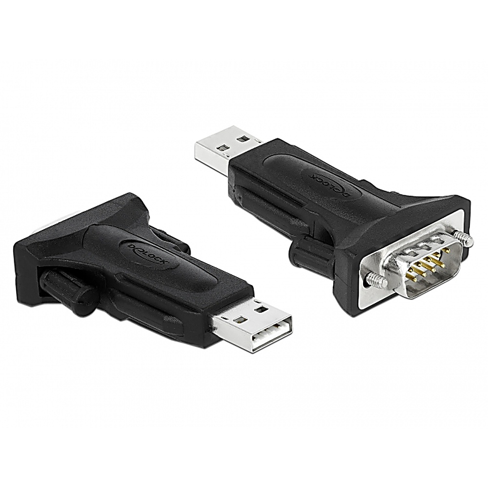 Due adattatori USB a seriale RS-232 neri. Sfondo bianco.