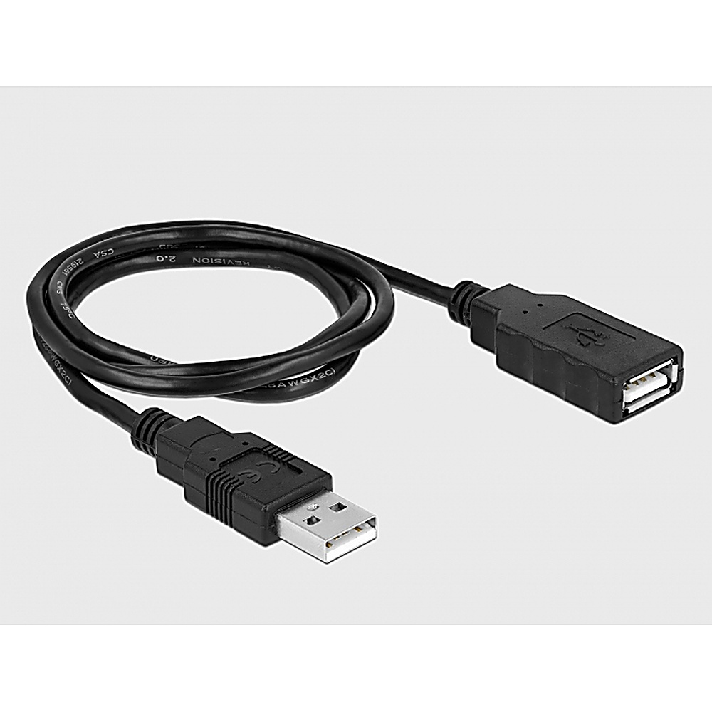 Un cavo di prolunga USB nero. Un'estremità ha un connettore USB-A maschio, l'altra un USB-A femmina.