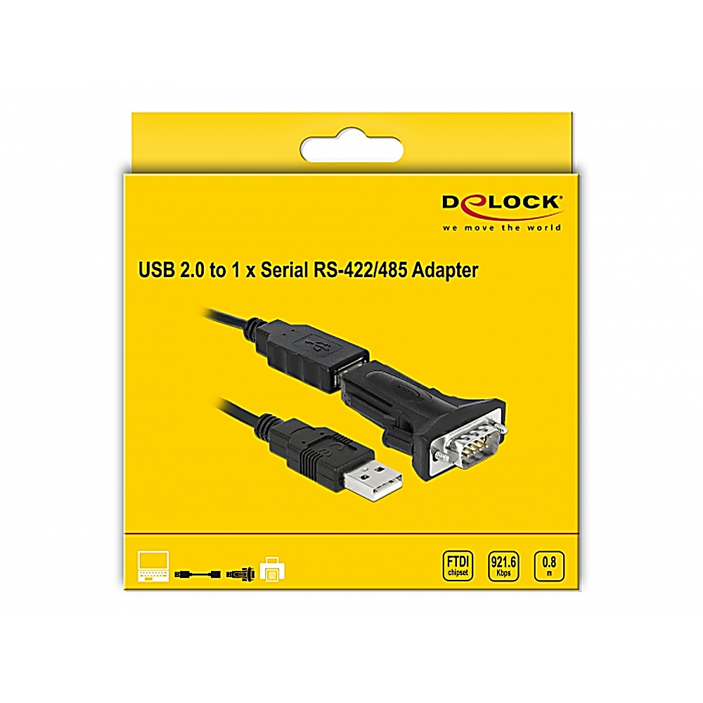Una scatola gialla con un adattatore da USB a seriale e il marchio 'DeLOCK'.