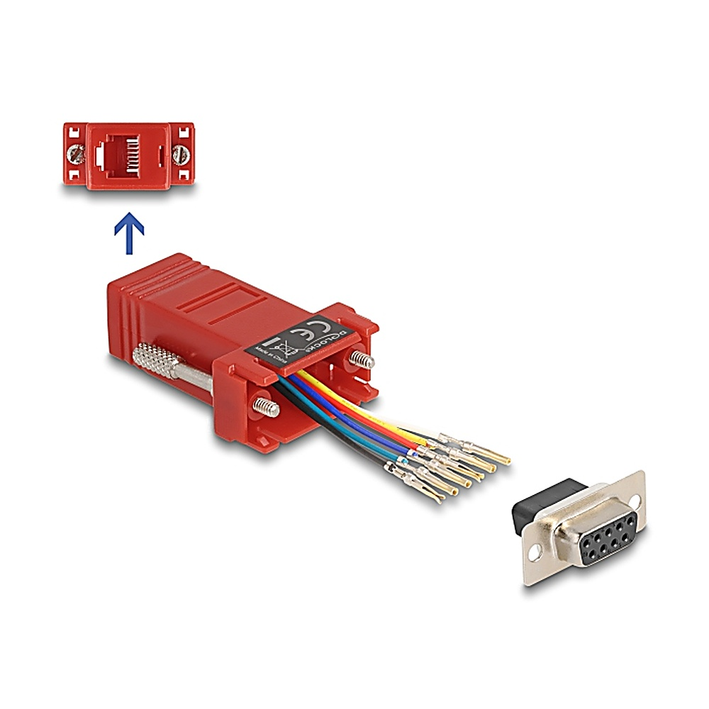 Connettore rosso con fili e un connettore nero e argento. Le frecce indicano la direzione di connessione.