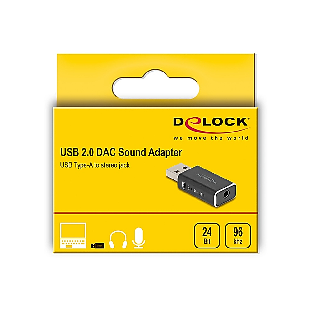 Scatola gialla e nera che mostra un adattatore audio USB nero e il testo: USB 2.0 DAC Sound Adapter.