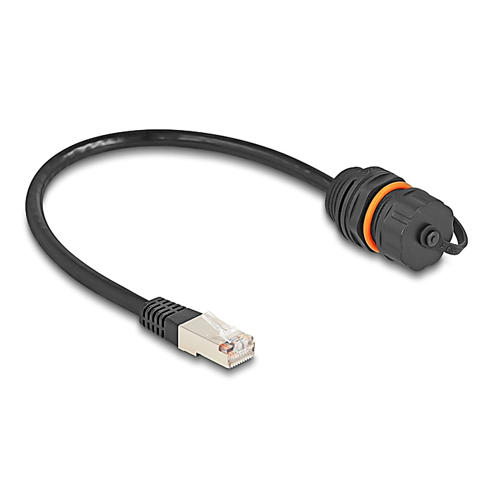 Cavo nero con connettore RJ45 e connettore nero impermeabile con anello arancione.