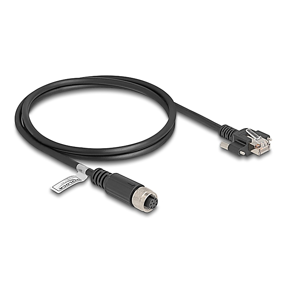 Un cavo nero con un connettore RJ45 a un'estremità e un connettore nero all'altra.