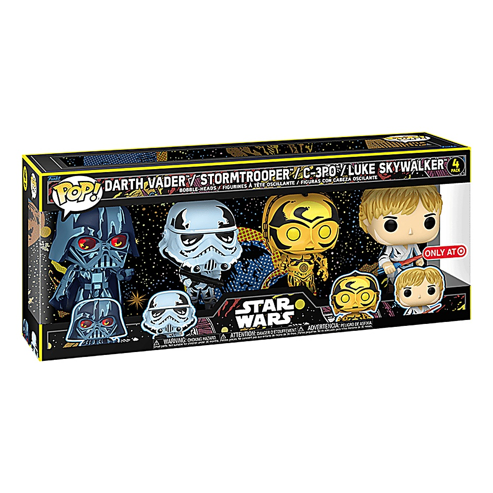 Zestaw pudełkowy figurek Funko Pop Star Wars: Darth Vader, Stormtrooper, C-3PO i Luke.