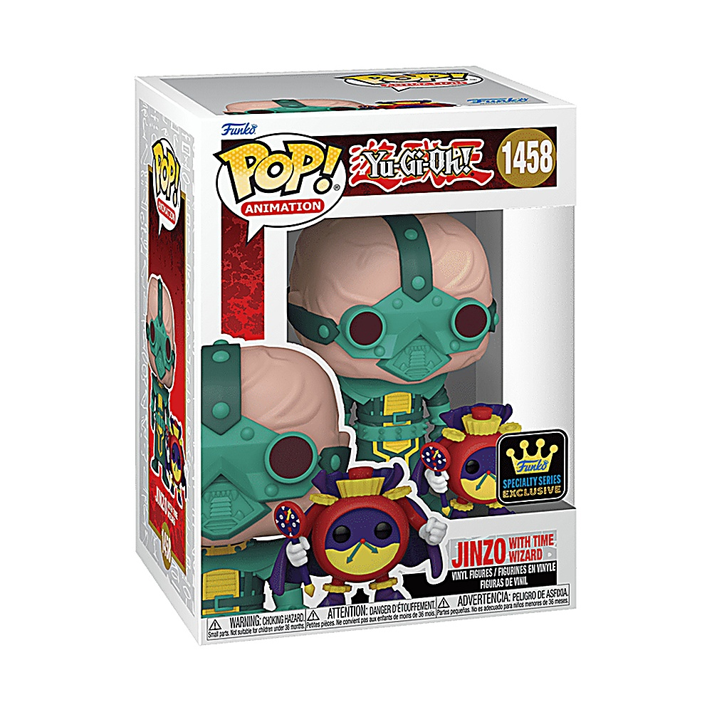 Una figura di Jinzo in scatola di Yu-Gi-Oh!. È una figura Funko Pop! con una combinazione di colori rosso e verde.