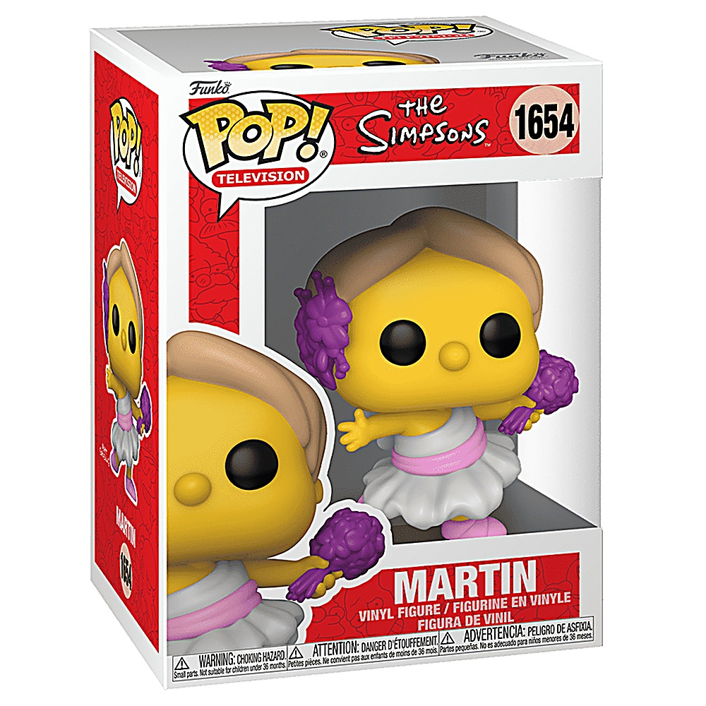 Zapakowana figurka Martin Funko Pop!. To żółta figurka z fioletowymi akcesoriami, w białej sukience.