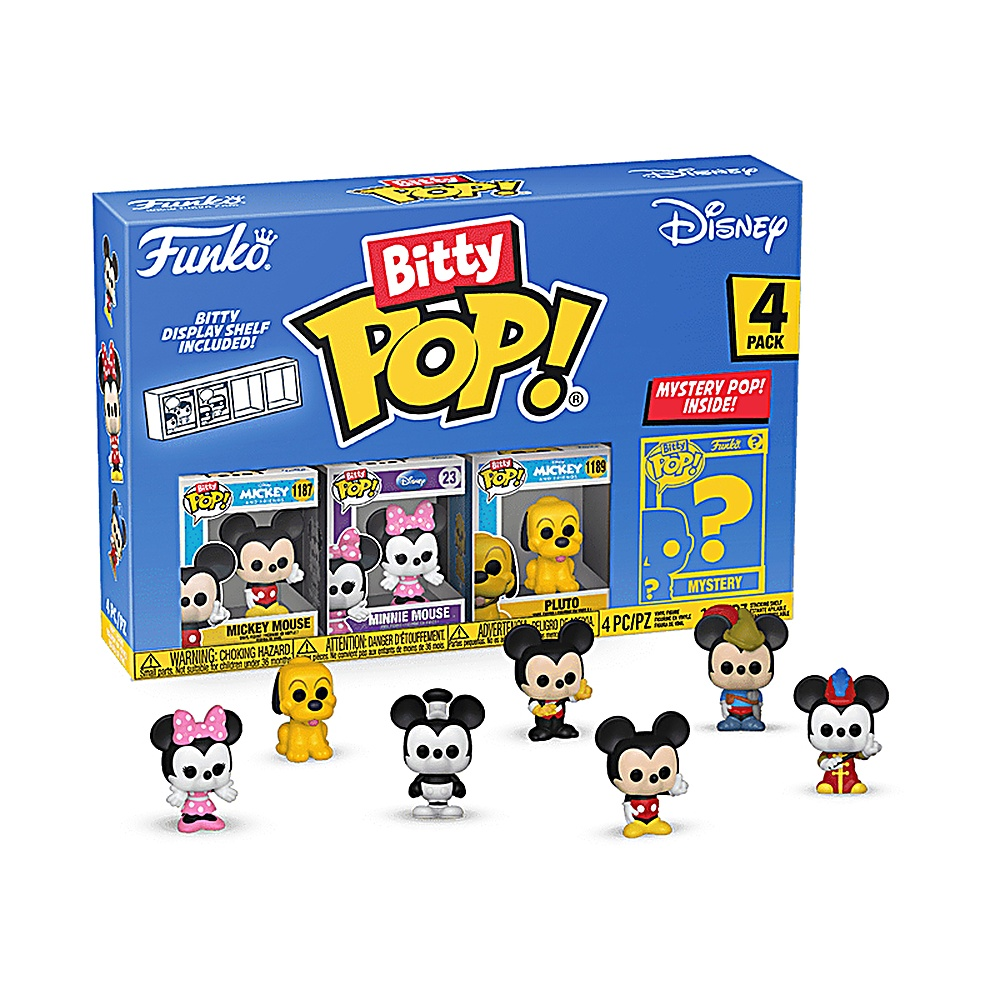 Zestaw pudełkowy figurek Disney Bitty Pop!. Pudełko zawiera figurki Myszki Miki i Myszki Minnie.