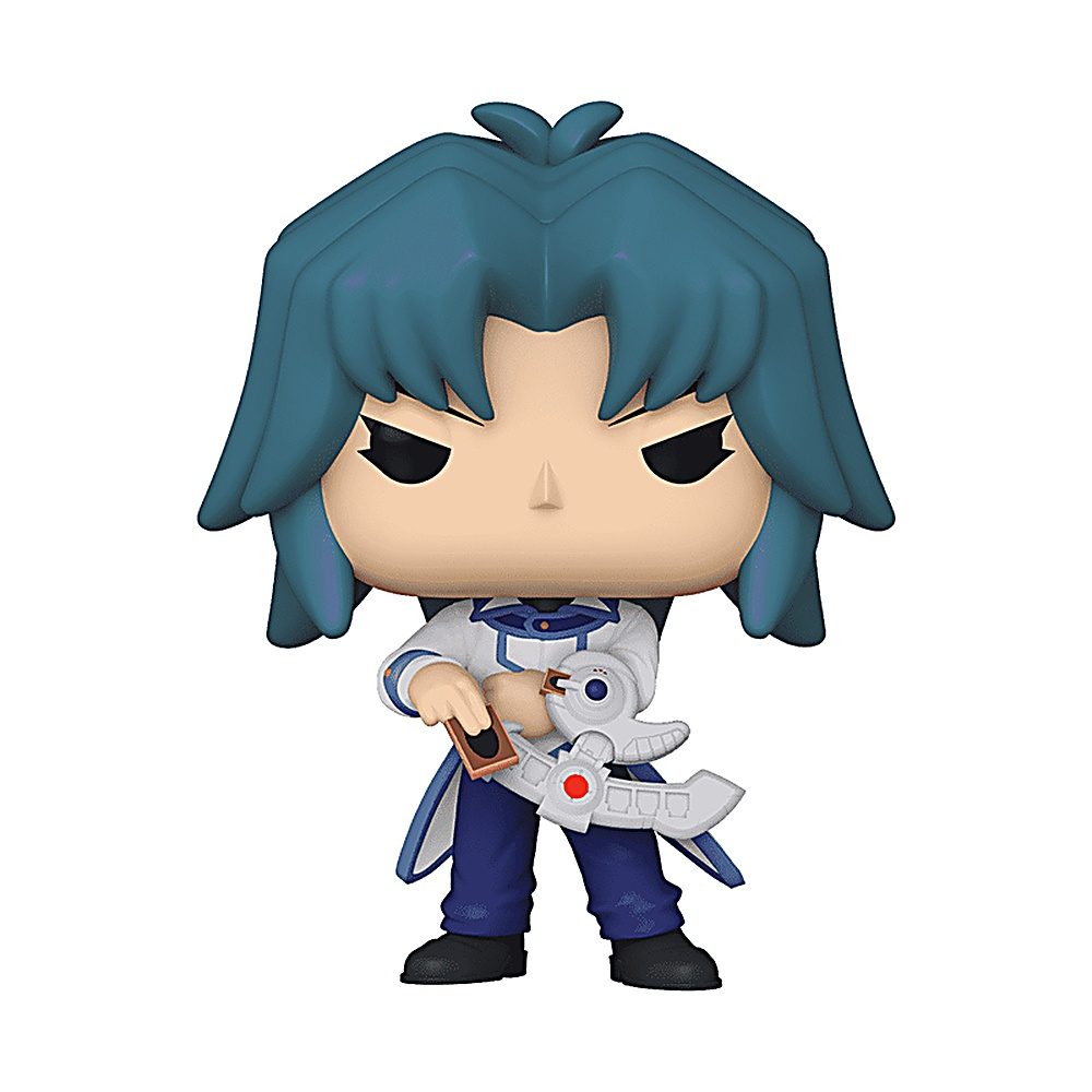 Figurka postaci Yu-Gi-Oh! z niebieskimi włosami. Trzyma kartę i broń.