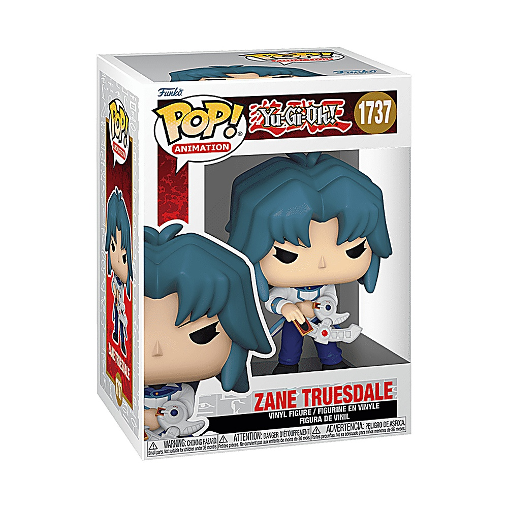 Zapakowana figurka Yu-Gi-Oh!. Pokazuje postać z niebieskimi włosami trzymającą kartę i broń.