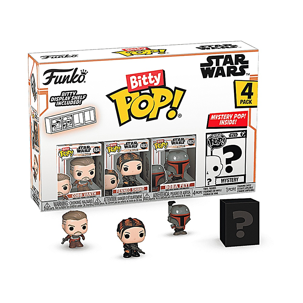 Star Wars Bitty Pop! set met vier figuren en een mystery figuur. De doos is wit, zwart en rood.