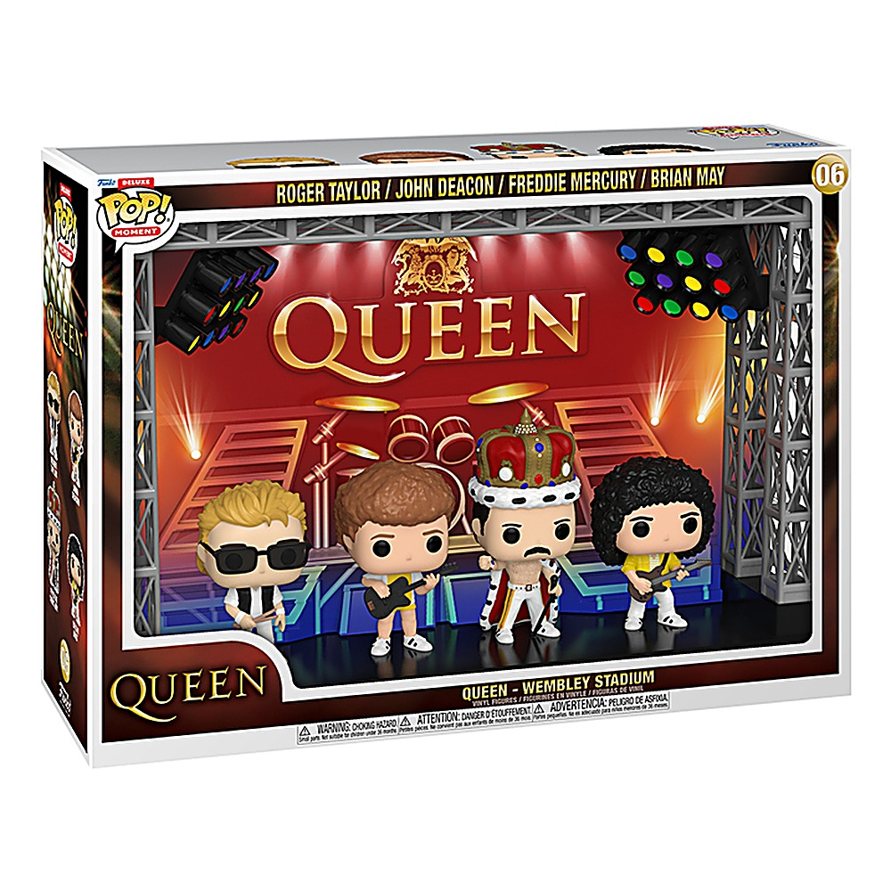 Zestaw Queen Wembley Stadium z czterema figurkami na scenie. Pudełko ma logo Queen i światła sceniczne.