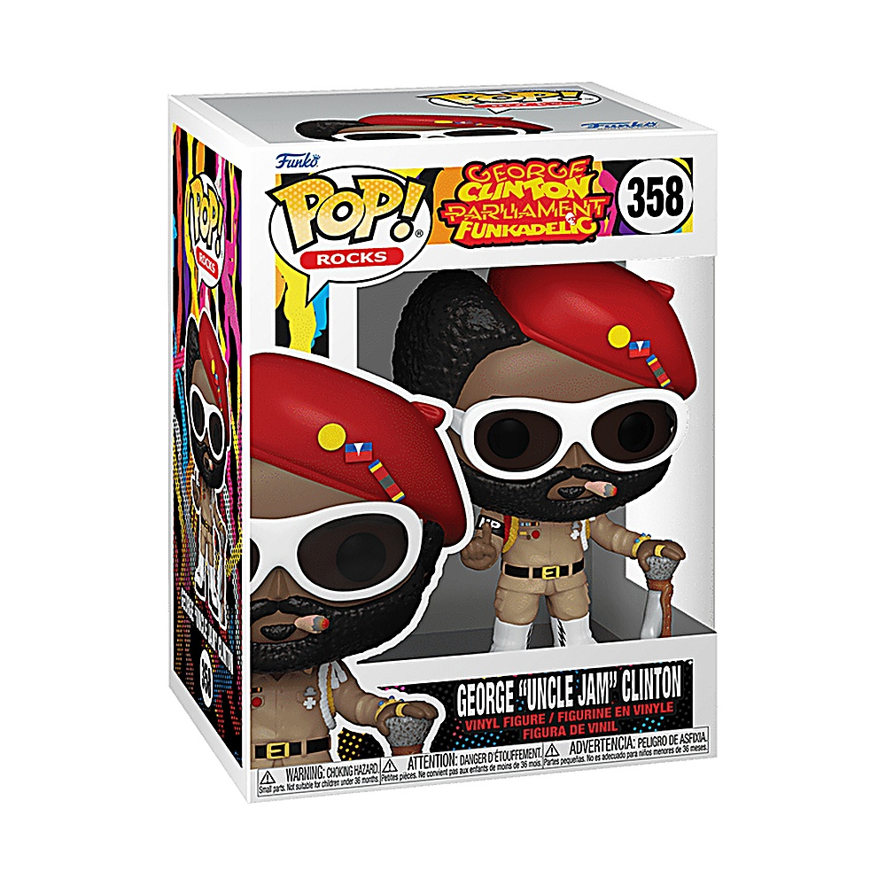 Figurka George'a Clintona Funko Pop! w pudełku. Figurka nosi czerwony beret i okulary przeciwsłoneczne.