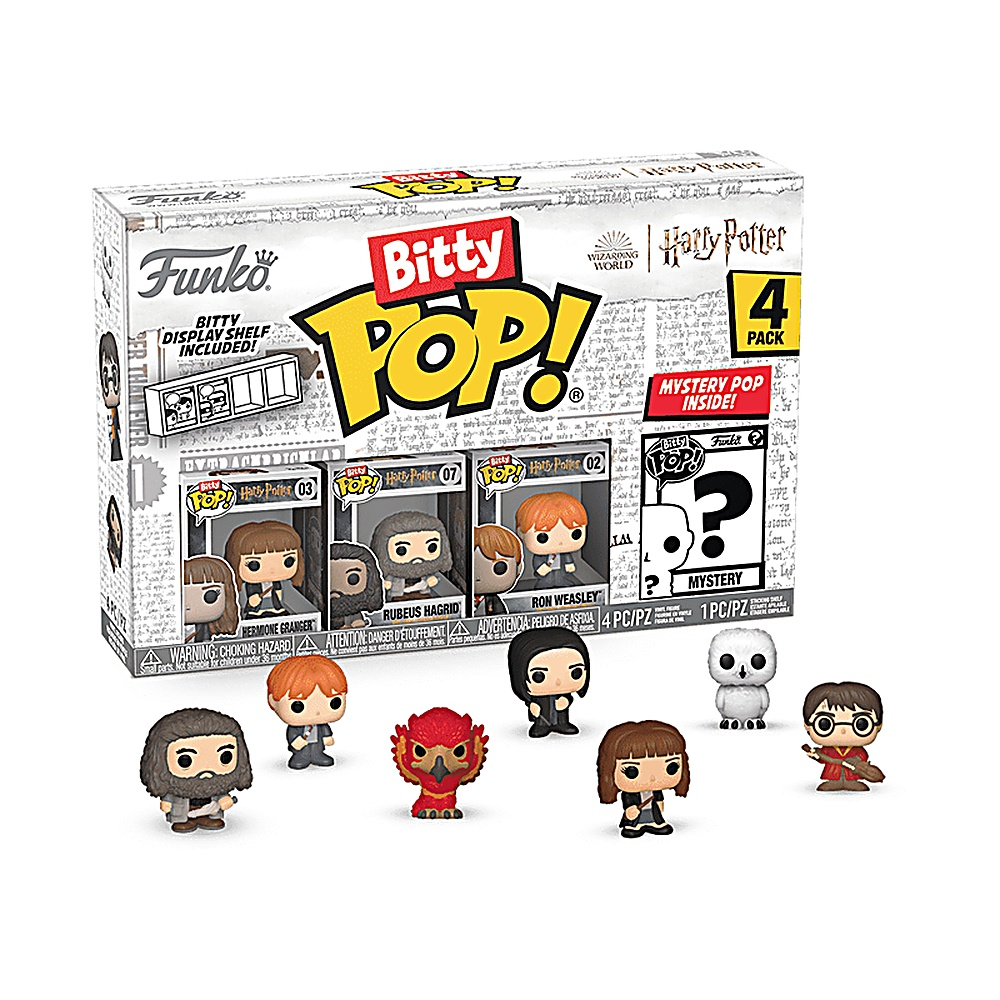 Zestaw pudełkowy figurek Harry Potter Bitty Pop!, zawierający kilka małych figurek i półkę.