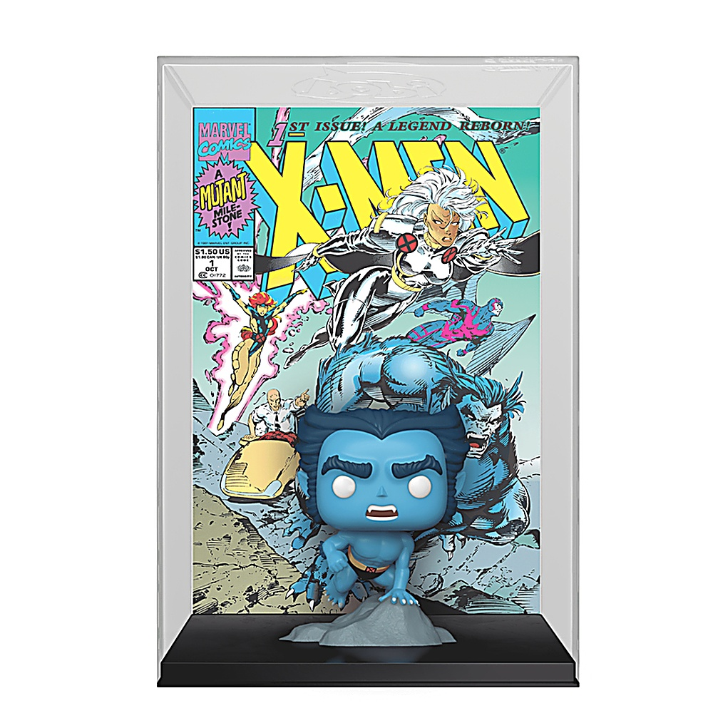 Figurka Funko Pop X-Men Beast w gablocie z komiksem w tle.
