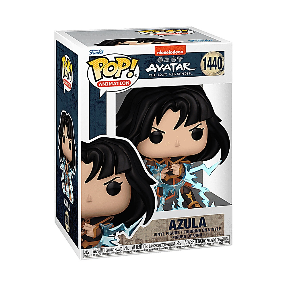Figurka Funko Pop Avatar Azula w pudełku, z postacią z czarnymi włosami i niebieskimi błyskawicami.