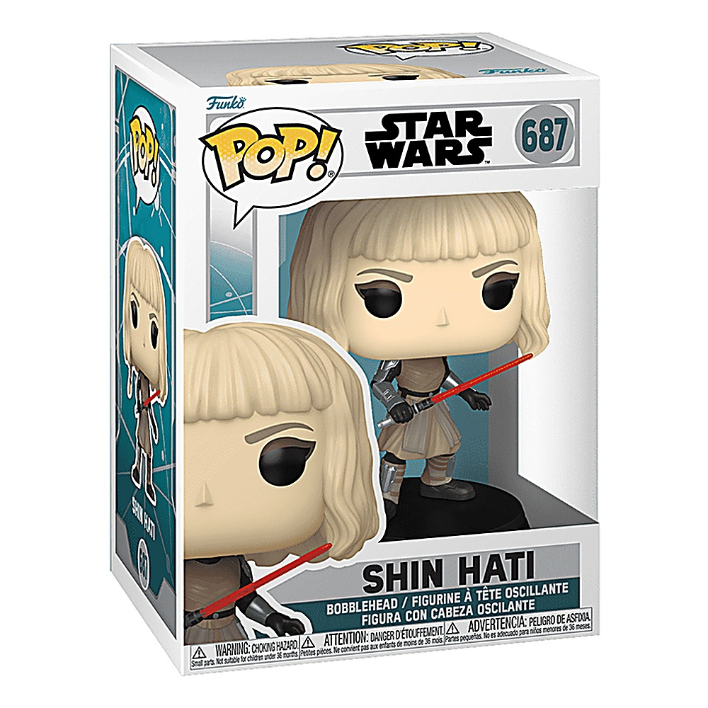 Pudełko Funko Pop z figurką Shin Hati z czerwonym mieczem świetlnym i motywem Gwiezdnych Wojen.
