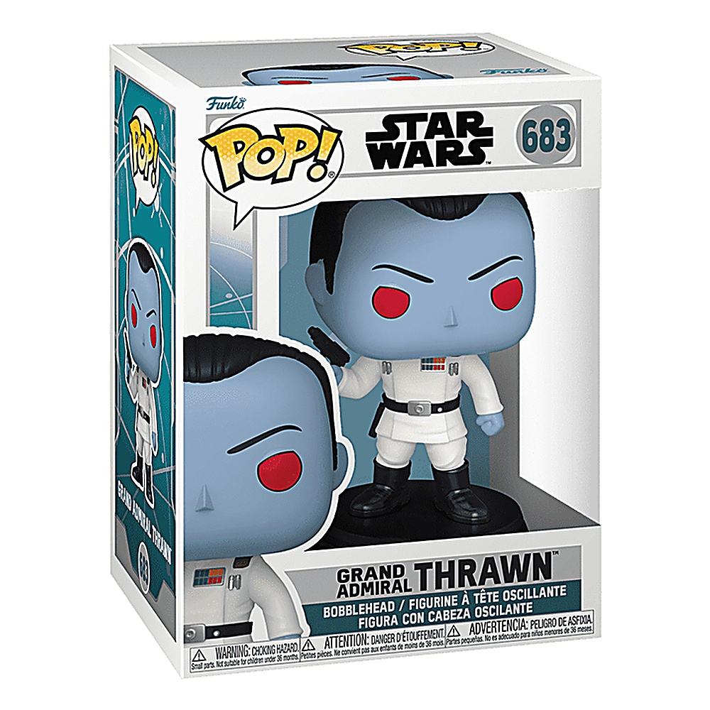 Pudełko Funko Pop z Wielkim Admirałem Thrawnem, niebieskoskórym charakterem z czerwonymi oczami i białym uniformem.