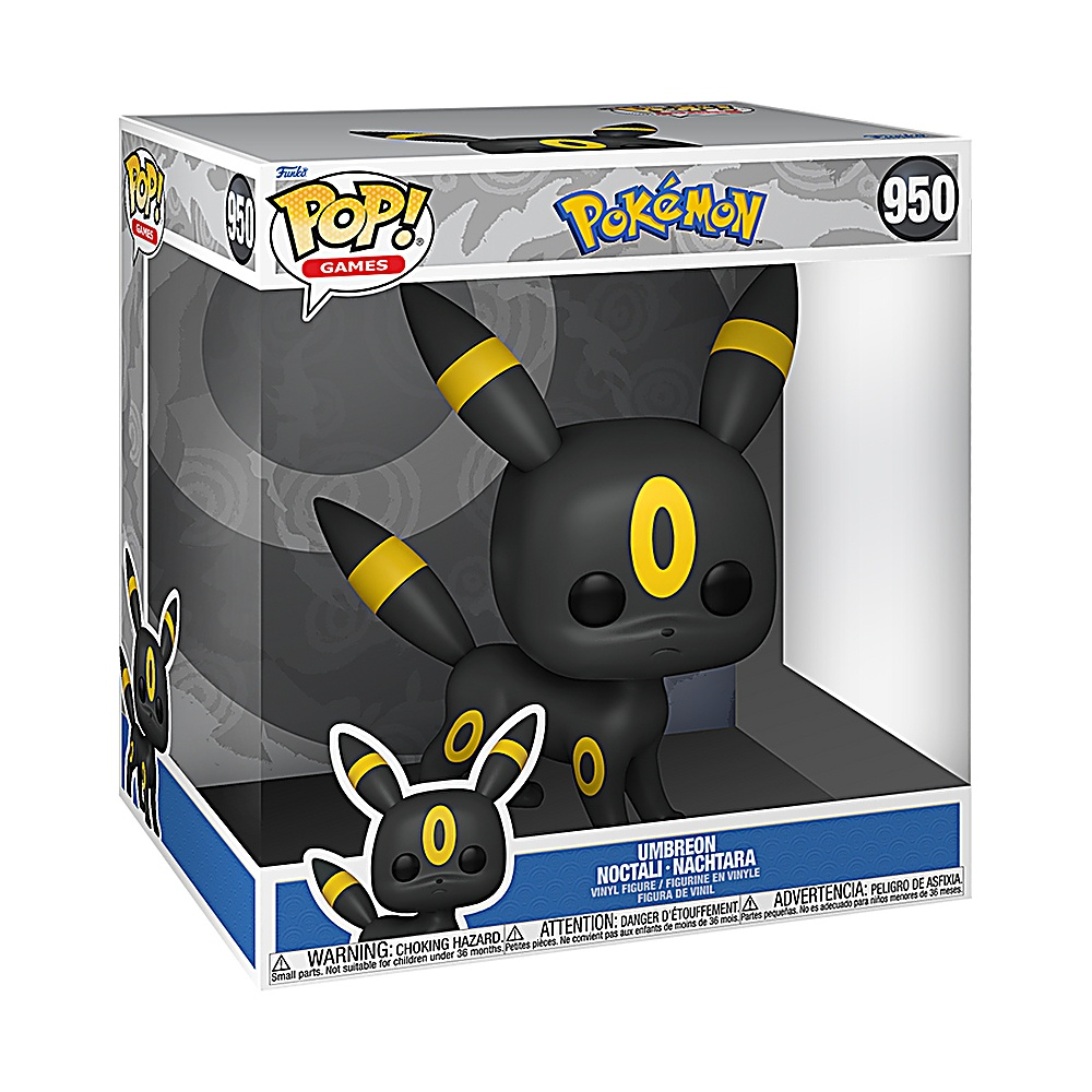 Pudełko Funko Pop z Umbreonem, czarnym Pokemonem z żółtymi oznaczeniami i szczegółowym projektem pudełka.