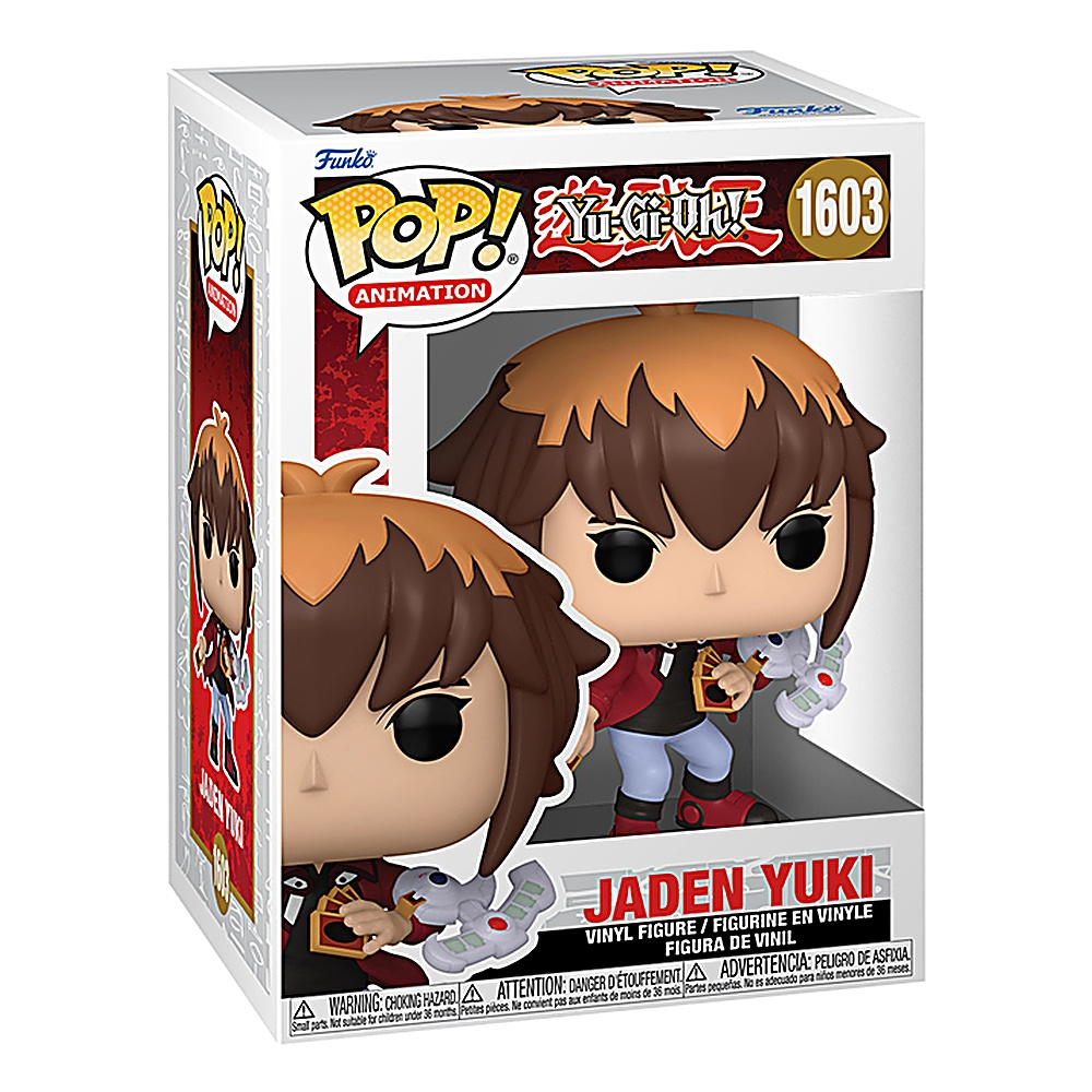 Pudełko Funko Pop z figurką Jadena Yukiego trzymającego karty i małą istotę z Yu-Gi-Oh!.