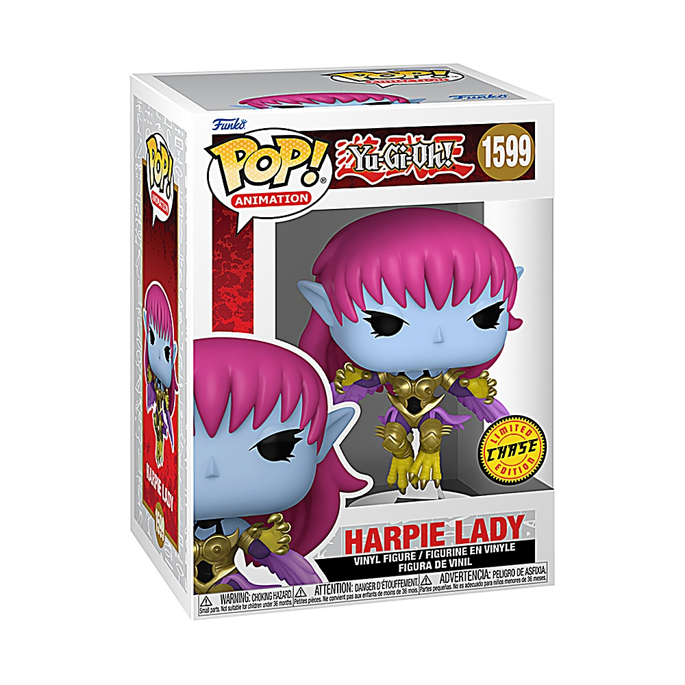 Pudełko Funko Pop z Harpie Lady z Yu-Gi-Oh!, z różowymi włosami i złotą zbroją, w pudełku.
