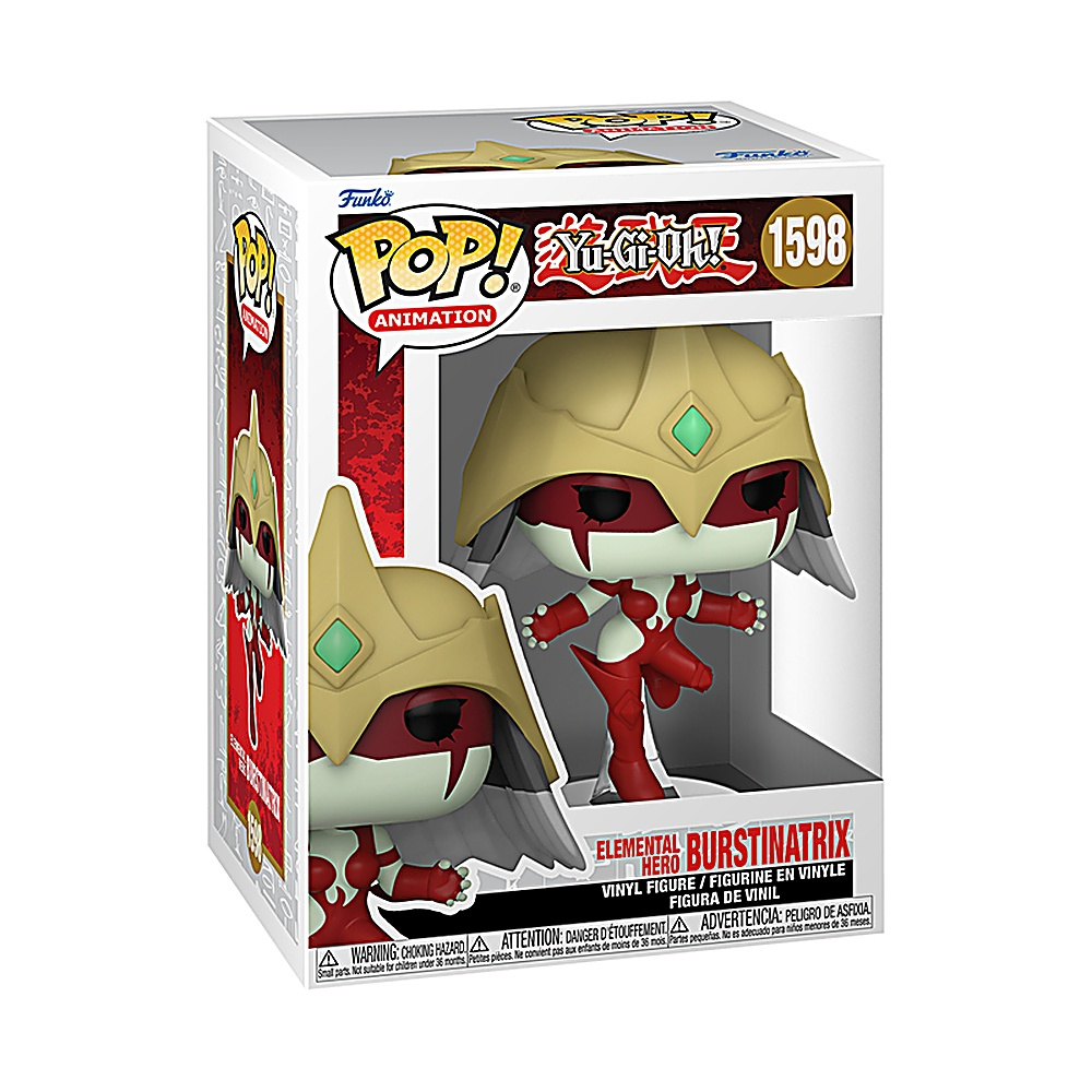 Pudełko Funko Pop z Elemental HERO Burstinatrix z Yu-Gi-Oh!, w kolorach czerwonym i złotym, w pudełku.