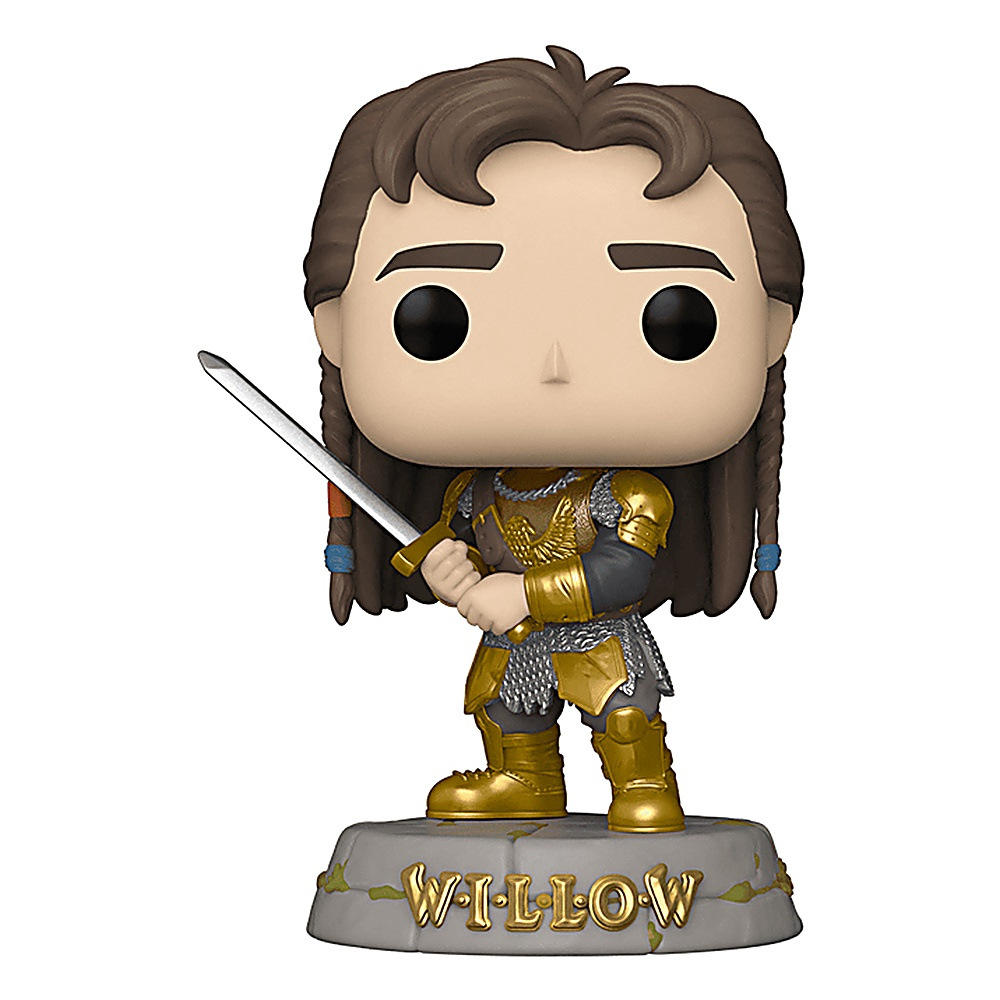 Figurka Willow Funko Pop w złotej zbroi, trzymająca miecz, stojąca na podstawie z napisem 'WILLOW'.