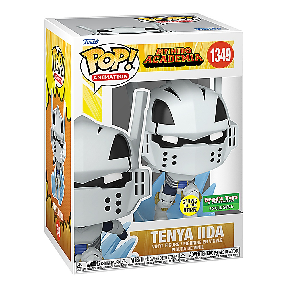 Pudełko Funko Pop z Tenyą Iidą z My Hero Academia, w białym i niebieskim kostiumie, w pudełku.