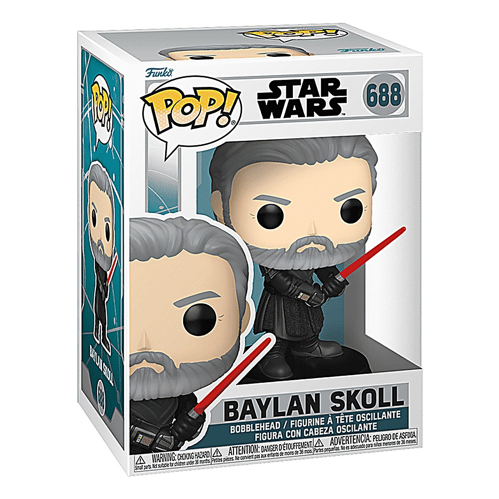 Una scatola Funko Pop con un personaggio di Star Wars con capelli grigi, con una spada laser rossa.