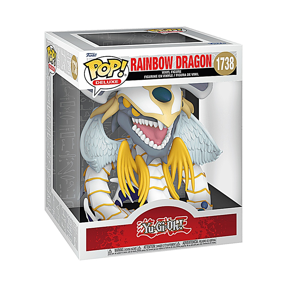 Rainbow Dragon Funko Pop w pudełku. To biała, złota i niebieska figurka smoka z groźną miną i otwartą paszczą.
