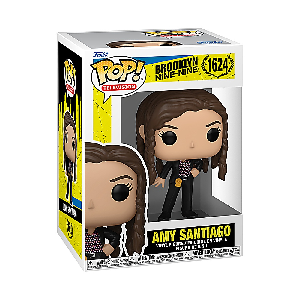 Pudełko Funko Pop z Amy Santiago z Brooklyn Nine-Nine, w czarnym stroju z odznaką.