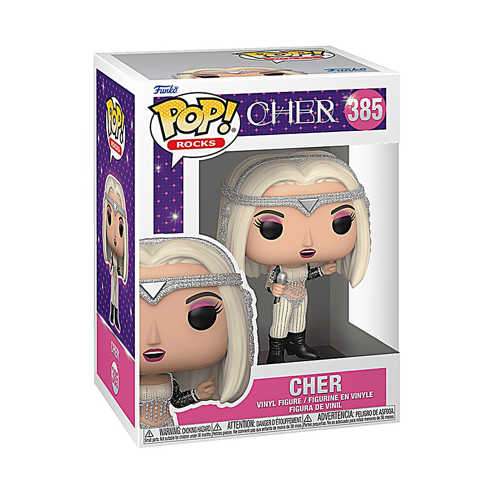 Cher Funko Pop w pudełku. Ma błyszczący strój i trzyma mikrofon. Pudełko ma jej wizerunek.