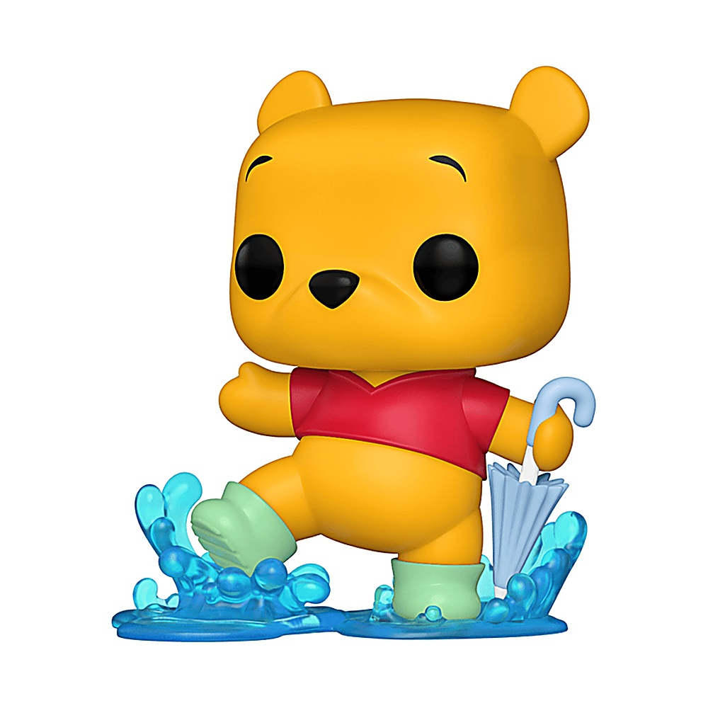 Figurka Funko Pop Kubusia Puchatka w kaloszach z parasolem w plusku wody.