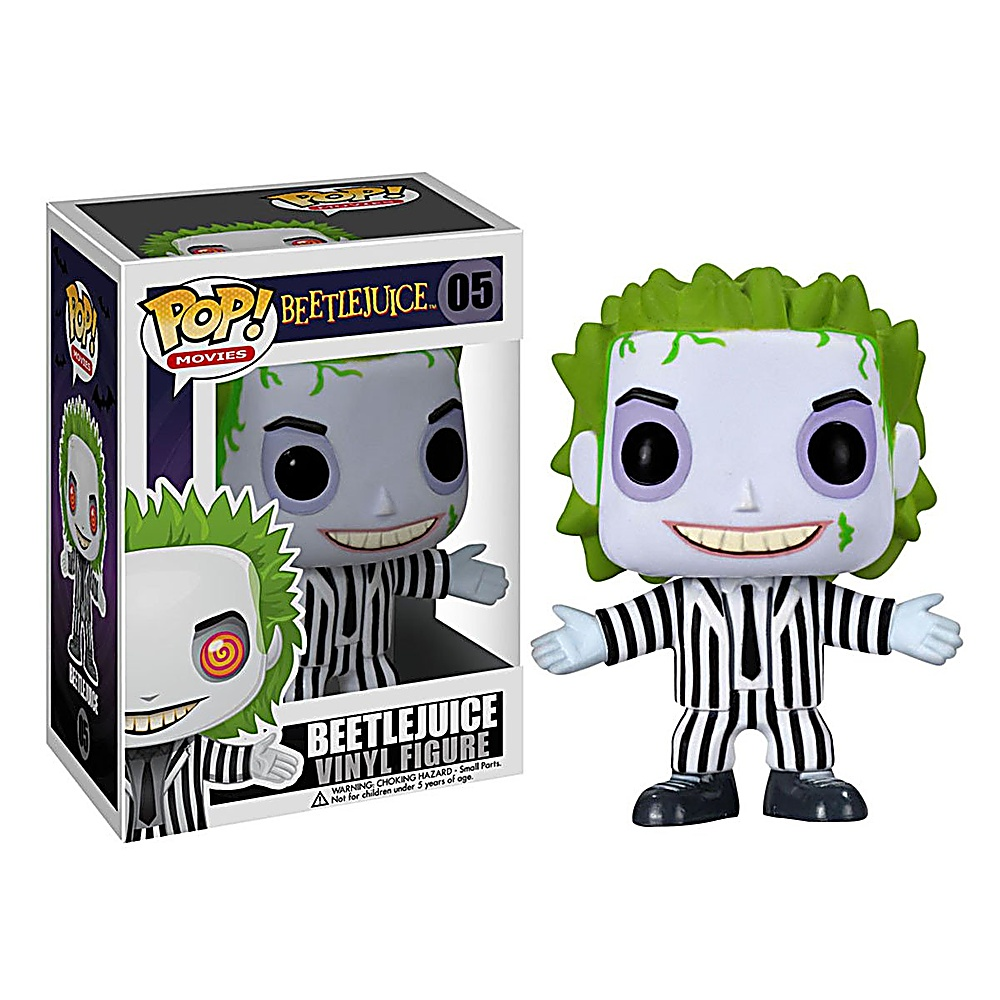 Pudełko Funko Pop z Beetlejuice z zielonymi włosami i w paski.